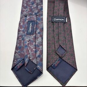 Vtg Damon Lot of 2 Mens Silk Ties Abstract Purple Blue Geometric Green Burgundy